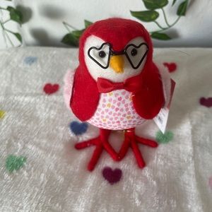 Fabric Valentine's Day Bird Figurine with Heart Shaped Glasses.